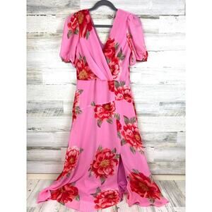 Maison Tara Womens 8 Pink Floral Chiffon Faux Wrap Flowy Summer Maxi Dress